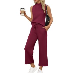 Women's 2-Piece Summer Outfit Casual Lounge Set - Stand Collar Top & Wide Leg Shorts Vacation Travel Outfit, Breathable Comfort Beachwear(Burgundy,XX-Large)