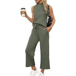 Women's 2-Piece Summer Outfit Casual Lounge Set - Stand Collar Top & Wide Leg Shorts Vacation Travel Outfit, Breathable Comfort Beachwear(Peacock Green,Medium)