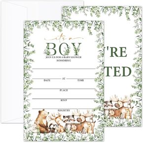 Woodland Baby Shower Invitation Cards With Envelopes, Baby Shower Invitations Gender Neutral For Boys And Girls, Greenery Animals Forest Double Side Fill In The Blank Invites/09