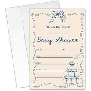 Funny Baby Shower Invitations - 20 Invitation Cards 4"x6" with 20 Envelopes - Blue&Beige Minimalist Design - Whimsical Baby Shower Invites.(066)