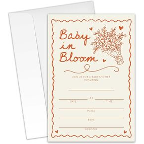 Baby in Bloom - Baby Shower Invitations - 20 Invitation Cards 4"x6" with 20 Envelopes - Orange&Beige Minimalist Floral Design Invites.(067)