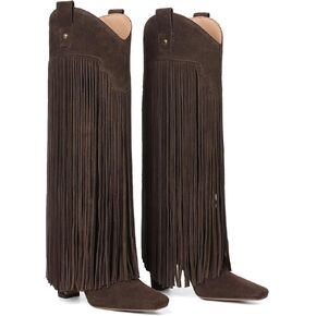 Mattiventon Knee High Boots for Women Fashion Fringe Boots with Square Toe Chunky Heel Pull On Suede Tall Boot for Party Dating 2025