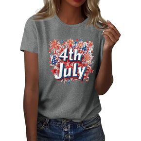 4Th of July Shirts Women USA American Flag Cotton Tops Crewneck Patriotic Basic Tees Short Sleeved T-Shirt