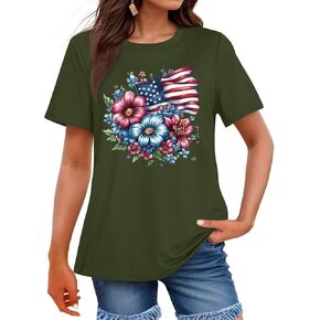 4Th of July Shirts Women USA American Flag Cotton Tops Crewneck Patriotic Basic Tees Short Sleeved T Shirt