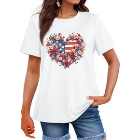 4Th of July Shirts Women USA American Flag Cotton Tops Crewneck Patriotic Basic Tees Short Sleeved T Shirt