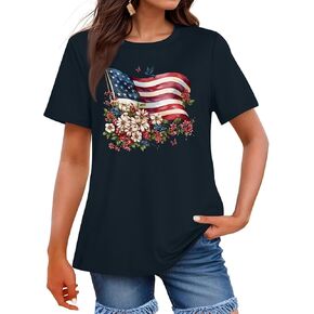 4Th of July Shirts Women USA American Flag Cotton Tops Crewneck Patriotic Basic Tees Short Sleeved T Shirt in Kuwait