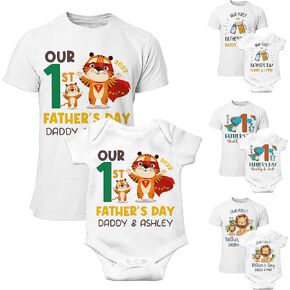 Our First Father's Day White Matching Outfits for Dad and Baby w/Name - 9 Design Option - Personalized Father and Son Matching Shirts Customized Daddy and Daughter Tshirts Custom Baby Onesie C1