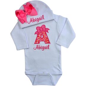 Baby Girl Embroidered INITIAL Bodysuit and MATCHING Grosgrain Bow Hat Personalized with Your Custom Name