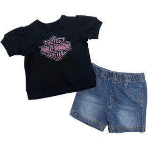 Harley-Davidson Baby Girls' 2 Piece Knit Pullover & Denim Shorts Newborn Set