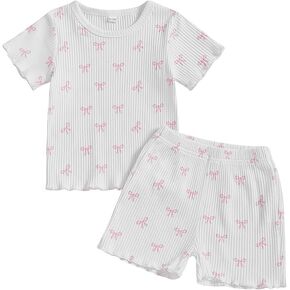 Toddler Baby Girl Summer Clothes Ruffle Ribbed Knit Short Sleeves Cute Bow T Shirt Tops and Shorts Outfit