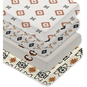 4 Pack Western Cowboy Crib Sheet Set for Baby Boy, Soft Breathable Fitted Crib Sheet 28 x 52 in, Aztec Nursery Decor for Standard Crib and Toddler Bed Mattresses