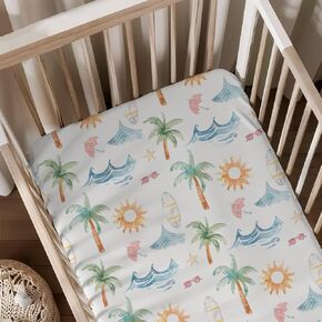 Summer Palm Coconut Sun Leaves Pattern Baby Sheets for Crib, Unisex Summer Theme Nursery Fitted Bed Sheet for Boys Girls Standard Crib and Toddler Mattress-28x52