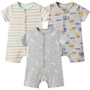Baby Boy 3-Pack 100% Cotton Short Sleeve Rompers-Breathable One-Piece Jumpsuits with Animal Themes for Spring/Summer