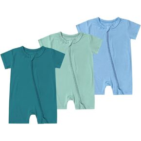 Teach Leanbh Unisex Baby 3 Pack Bamboo Viscose Pajamas 2 Way Zipper Short Sleeve Romper Jumpsuit Sleep and Play