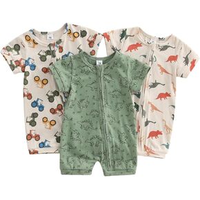 BULINGNA Newborn Baby Boy 3-Pack Jumpsuits Short Sleeve Dinosaur Truck Print Zip Up Bodysuits Infant Rompers