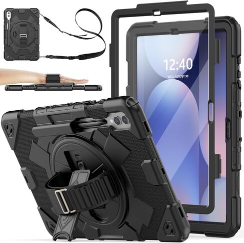 SEYMAC Stock Samsung Galaxy Tab S9 FE/ S9/ S8/ S7 حافظة بتصميم شبكي لكامل الجسم مع واقي شاشة [حزام يد دوار 360 درجة/حامل] حامل قلم رصاص لجهاز Galaxy Tab S9 FE 10.9 بوصة/ S9 11 بوصة 2023 (أسود) in Kuwait