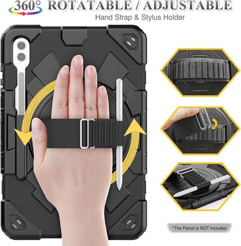 SEYMAC Stock Samsung Galaxy Tab S9 FE/ S9/ S8/ S7 حافظة بتصميم شبكي لكامل الجسم مع واقي شاشة [حزام يد دوار 360 درجة/حامل] حامل قلم رصاص لجهاز Galaxy Tab S9 FE 10.9 بوصة/ S9 11 بوصة 2023 (أسود) in Kuwait