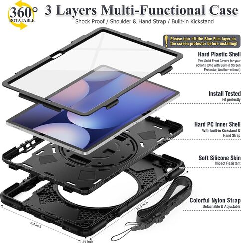 SEYMAC Stock Samsung Galaxy Tab S9 FE/ S9/ S8/ S7 حافظة بتصميم شبكي لكامل الجسم مع واقي شاشة [حزام يد دوار 360 درجة/حامل] حامل قلم رصاص لجهاز Galaxy Tab S9 FE 10.9 بوصة/ S9 11 بوصة 2023 (أسود) in Kuwait