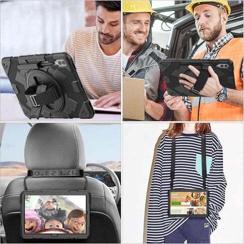 SEYMAC Stock Samsung Galaxy Tab S9 FE/ S9/ S8/ S7 حافظة بتصميم شبكي لكامل الجسم مع واقي شاشة [حزام يد دوار 360 درجة/حامل] حامل قلم رصاص لجهاز Galaxy Tab S9 FE 10.9 بوصة/ S9 11 بوصة 2023 (أسود) in Kuwait