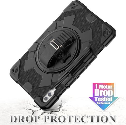 SEYMAC Stock Samsung Galaxy Tab S9 FE/ S9/ S8/ S7 حافظة بتصميم شبكي لكامل الجسم مع واقي شاشة [حزام يد دوار 360 درجة/حامل] حامل قلم رصاص لجهاز Galaxy Tab S9 FE 10.9 بوصة/ S9 11 بوصة 2023 (أسود) in Kuwait