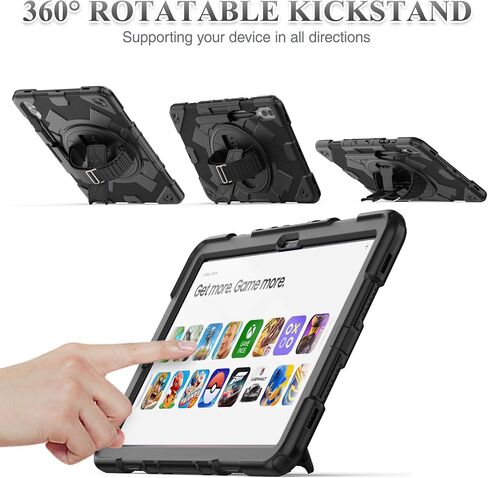 SEYMAC Stock Samsung Galaxy Tab S9 FE/ S9/ S8/ S7 حافظة بتصميم شبكي لكامل الجسم مع واقي شاشة [حزام يد دوار 360 درجة/حامل] حامل قلم رصاص لجهاز Galaxy Tab S9 FE 10.9 بوصة/ S9 11 بوصة 2023 (أسود) in Kuwait