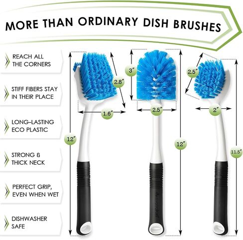 Water Bottle and Dish Scrub Brush Kit, 3-Piece Set, Cleaning Brushes for Kitchen Use, Non Slip Long Handle for Basins, Sinks, Dishwashers, Pots, Cups, Round Head in Kuwait