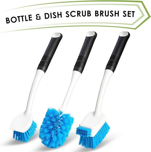 Water Bottle and Dish Scrub Brush Kit, 3-Piece Set, Cleaning Brushes for Kitchen Use, Non Slip Long Handle for Basins, Sinks, Dishwashers, Pots, Cups, Round Head in Kuwait