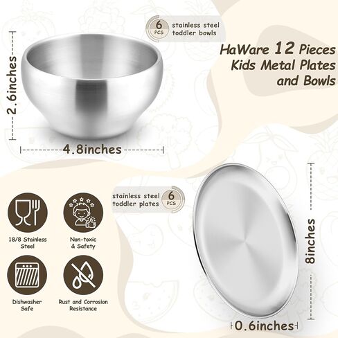 HaWare Kids Plates and Bowls, 12 Pieces Stainless Steel Dish Set, Reusable Dinnerware for Camping, Hiking, Travel, Picnic, Non-toxic Tableware set for Kids Self-feeding, Dishwasher Safe in Kuwait