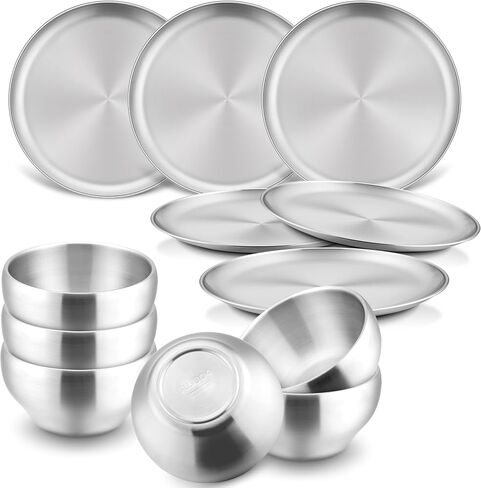 HaWare Kids Plates and Bowls, 12 Pieces Stainless Steel Dish Set, Reusable Dinnerware for Camping, Hiking, Travel, Picnic, Non-toxic Tableware set for Kids Self-feeding, Dishwasher Safe in Kuwait