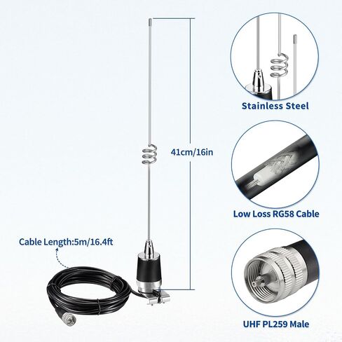 Bingfu VHF Nmo هوائي ثنائي النطاق VHF UHF 136-174 ميجا هرتز 400-470 ميجا هرتز مع خسارة منخفضة 16.5 قدم RG58 كابل تثبيت قوس الشفاه جبل هوائيات لسيارة شاحنة موبايل هام راديو راديو الهواة راديو البحرية VHF in Saudi Arabia