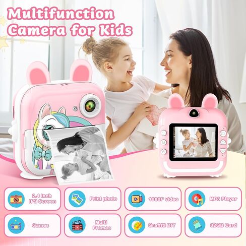 Kids Camera Instant Print Girls Boys, 2,4" HD 1080P, 32GB Card, with Photo Paper and Colored Pens, Instant Camera Holiday Birthday Gifts, Printable Toddler Portable Travel Print Toy (Pink) in Kuwait