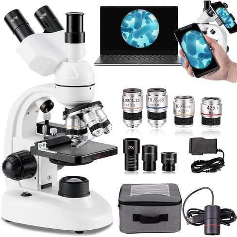 Compound Trinocular Microscope, 40x-5000x Magnification, Digital Laboratory Trinocular Compound Led Microscope with E-Eyepiece/360° Rotation/Mechanical Stage,White in Saudi Arabia