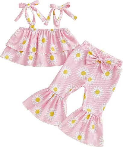 Lefyira Toddler Daisy Bell Bottoms Outfit Floral Crop Top Ruffle Strap Camisole Floral Flare Pants Baby Girl Summer Clothes in Saudi Arabia
