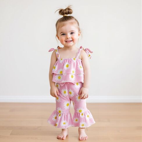 Lefyira Toddler Daisy Bell Bottoms Outfit Floral Crop Top Ruffle Strap Camisole Floral Flare Pants Baby Girl Summer Clothes in Saudi Arabia