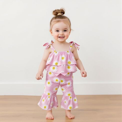 Lefyira Toddler Daisy Bell Bottoms Outfit Floral Crop Top Ruffle Strap Camisole Floral Flare Pants Baby Girl Summer Clothes in Saudi Arabia