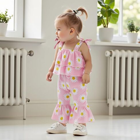Lefyira Toddler Daisy Bell Bottoms Outfit Floral Crop Top Ruffle Strap Camisole Floral Flare Pants Baby Girl Summer Clothes in Saudi Arabia