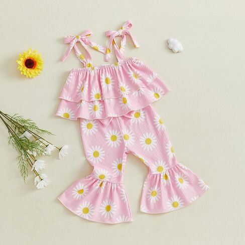 Lefyira Toddler Daisy Bell Bottoms Outfit Floral Crop Top Ruffle Strap Camisole Floral Flare Pants Baby Girl Summer Clothes in Saudi Arabia