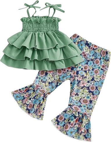 Lefyira Toddler Daisy Bell Bottoms Outfit Floral Crop Top Ruffle Strap Camisole Floral Flare Pants Baby Girl Summer Clothes in Saudi Arabia