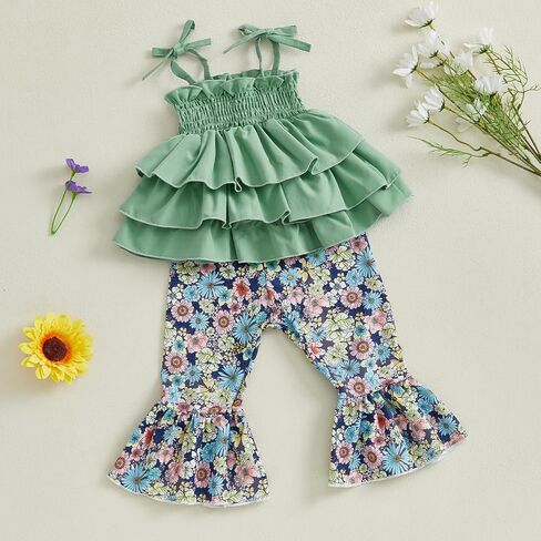 Lefyira Toddler Daisy Bell Bottoms Outfit Floral Crop Top Ruffle Strap Camisole Floral Flare Pants Baby Girl Summer Clothes in Saudi Arabia