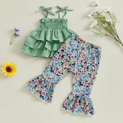 Lefyira Toddler Daisy Bell Bottoms Outfit Floral Crop Top Ruffle Strap Camisole Floral Flare Pants Baby Girl Summer Clothes in Saudi Arabia