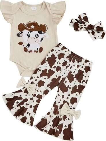 Baby Girl Western Clothes Cute Cow Print Short Sleeve Ruffle Romper Flare Pants Headband Cowgirl Outfit in Saudi Arabia