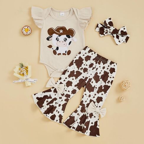 Baby Girl Western Clothes Cute Cow Print Short Sleeve Ruffle Romper Flare Pants Headband Cowgirl Outfit in Saudi Arabia