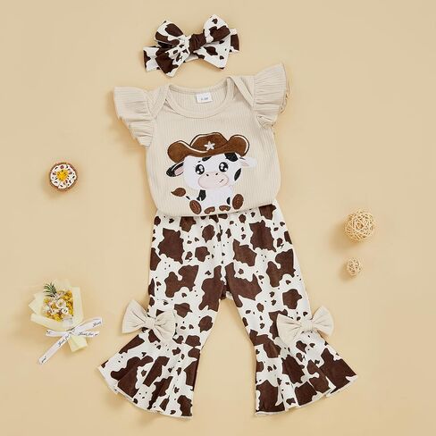 Baby Girl Western Clothes Cute Cow Print Short Sleeve Ruffle Romper Flare Pants Headband Cowgirl Outfit in Saudi Arabia