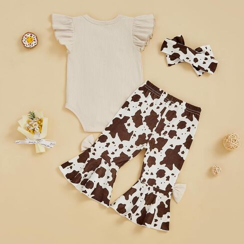 Baby Girl Western Clothes Cute Cow Print Short Sleeve Ruffle Romper Flare Pants Headband Cowgirl Outfit in Saudi Arabia