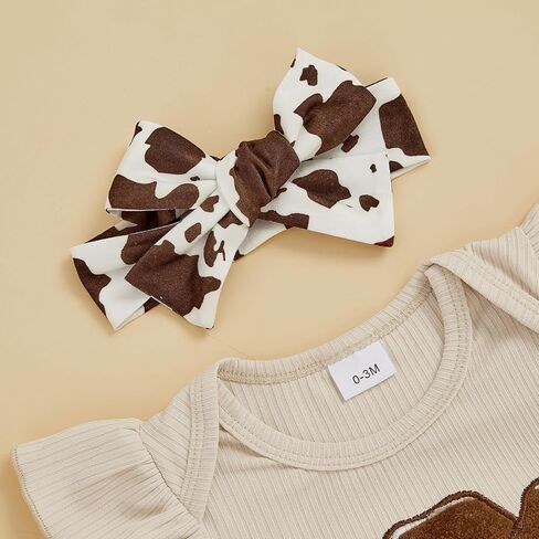 Baby Girl Western Clothes Cute Cow Print Short Sleeve Ruffle Romper Flare Pants Headband Cowgirl Outfit in Saudi Arabia