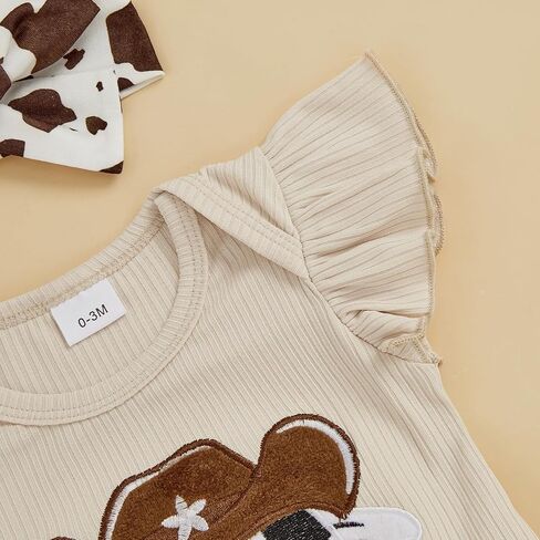 Baby Girl Western Clothes Cute Cow Print Short Sleeve Ruffle Romper Flare Pants Headband Cowgirl Outfit in Saudi Arabia