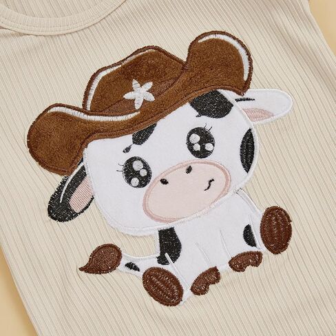 Baby Girl Western Clothes Cute Cow Print Short Sleeve Ruffle Romper Flare Pants Headband Cowgirl Outfit in Saudi Arabia