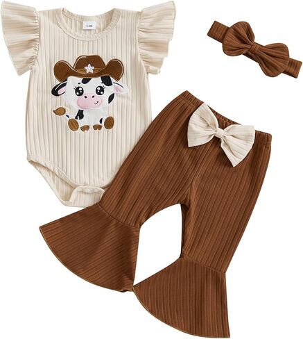 Baby Girl Western Clothes Cute Cow Print Short Sleeve Ruffle Romper Flare Pants Headband Cowgirl Outfit in Saudi Arabia