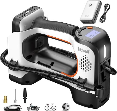 Litheli Cordless Air Compressor, 20V Portable Air Compressor, Cordless Tire Pump for Car, Bike, Sport Ball, Battery Tire Inflator, 3 Nozzle Adapters, 150 PSI, with 2.0 Ah U-Battery in Saudi Arabia