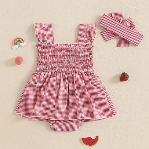 Baby Girl Summer Clothes Romper Dress Plaid Outfit Newborn 3 6 12 18 Months Onesie Smocked Bodysuit Infant Outfit in Saudi Arabia